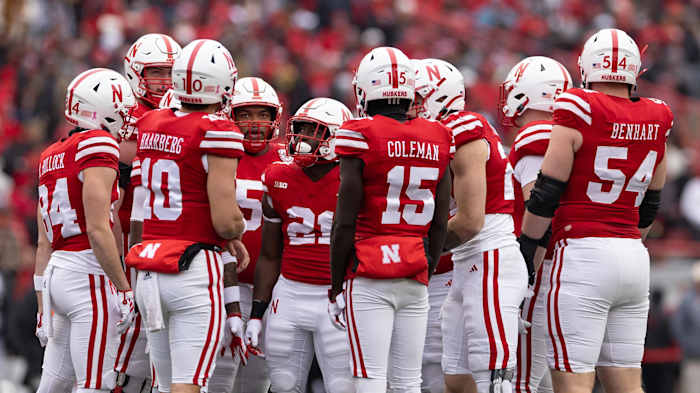 The Nebraska offense huddles against Purdue (Oct. 28, 2023)
